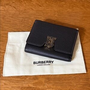 New Burberry Black Trifold Leather Wallet with Gold Logo